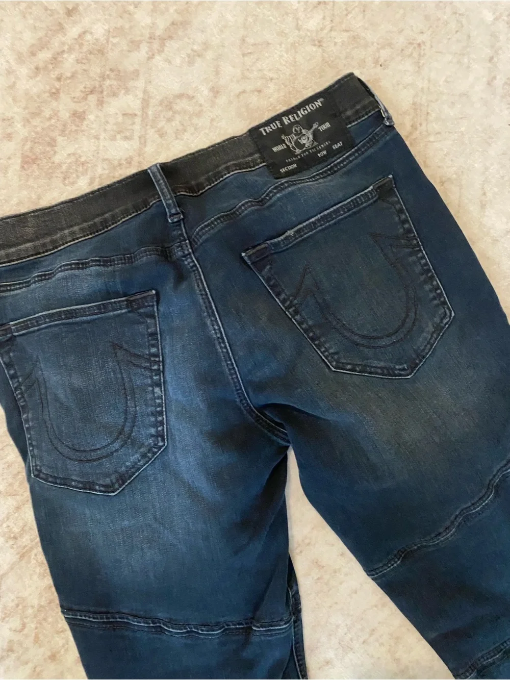 True Religion Men's Navy Slim Moto Jeans with Knee Panels